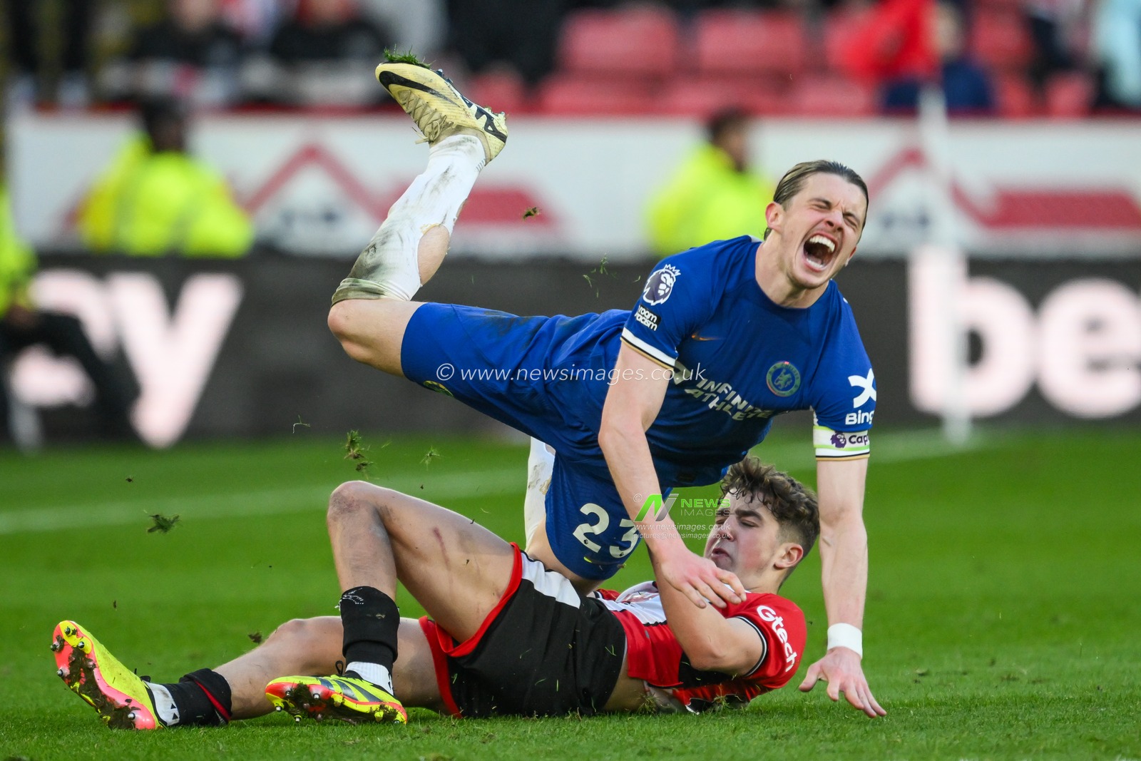 Conor Gallagher of Chelsea is fouled by Oliver Arblaster of Sheffield United during the Premier League match Sheffield United vs Chelsea at Bramall Lane, Sheffield, United Kingdom, 7th April 2024

(Photo by Craig Thomas/News Images)