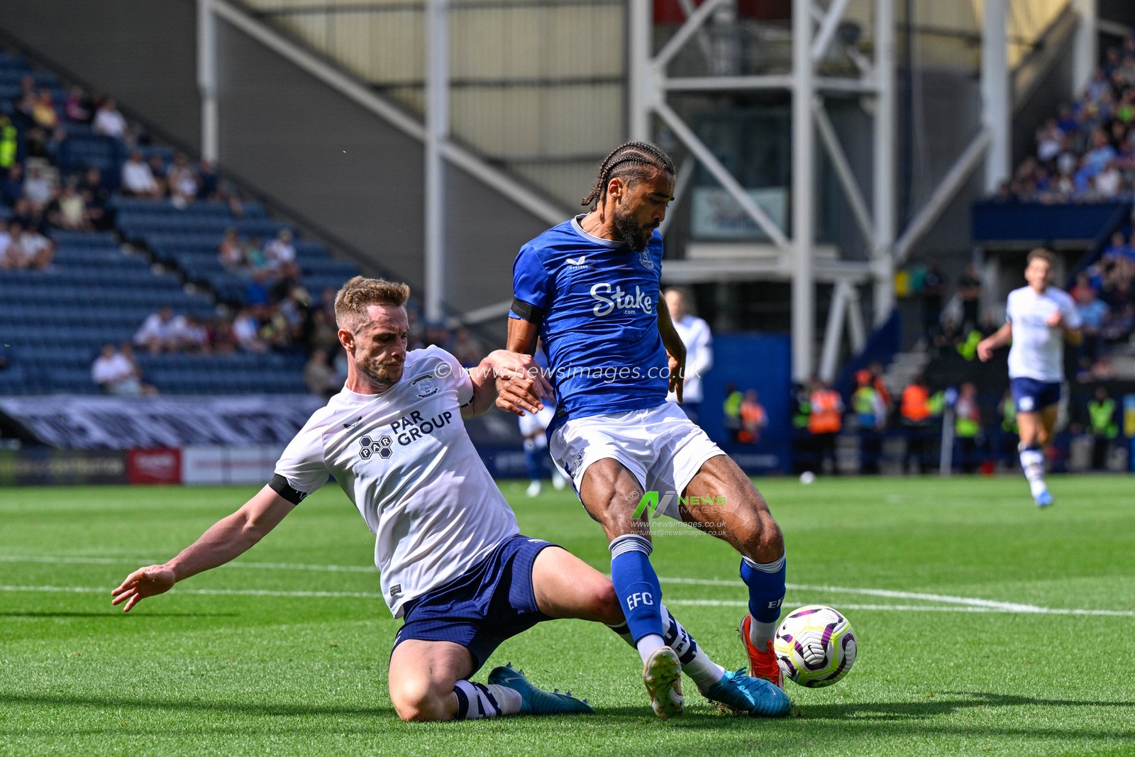 Liam Lindsay of Preston North End fouls Dominic Calvert-Lewin of Everton for a penalty during the Pre-season friendly match Preston North End vs Everton at Deepdale, Preston, United Kingdom, 3rd August 2024

(Photo by Cody Froggatt/News Images)