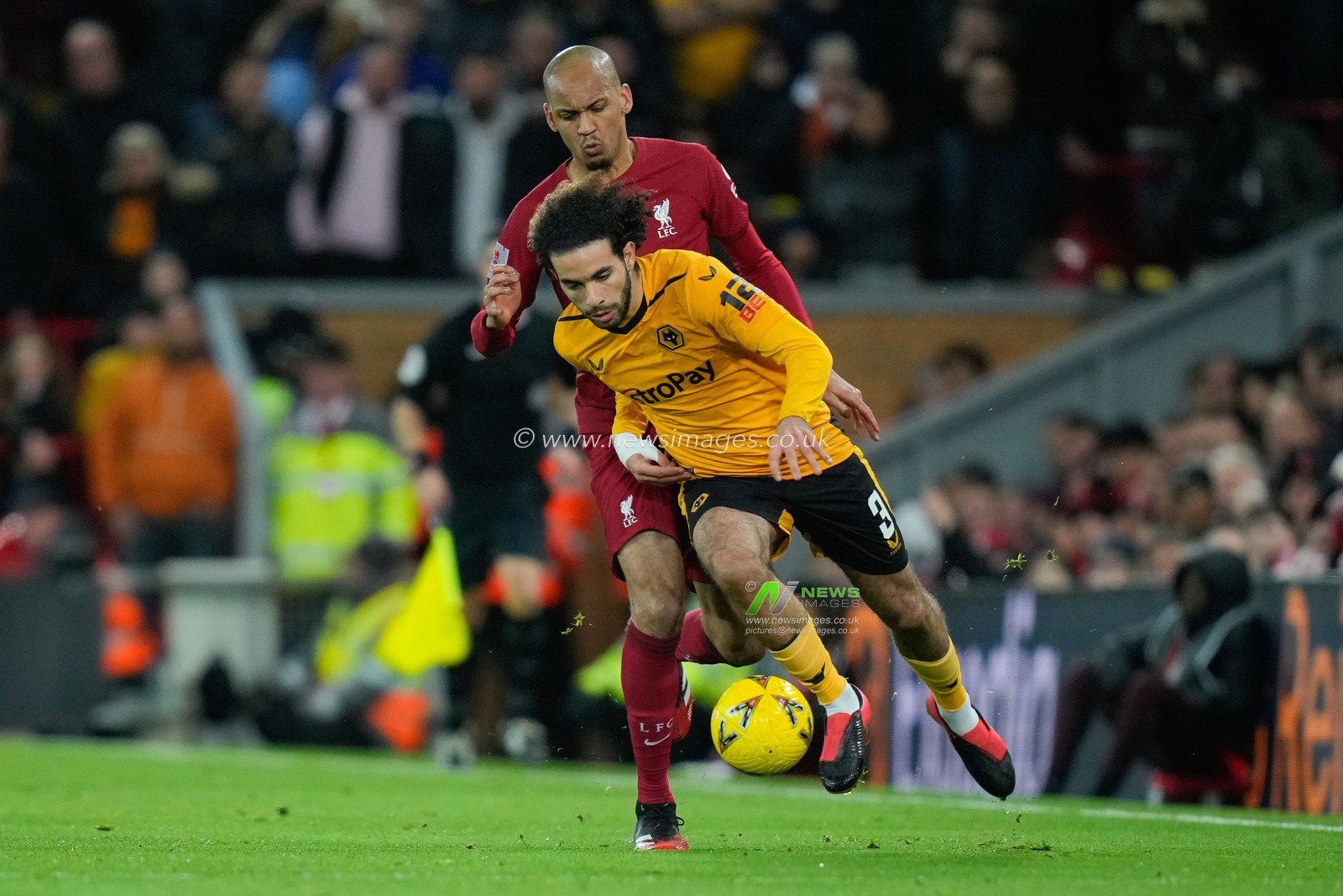 Rayan AÃ¯t-Nouri #3 of Wolverhampton Wanderers breaks past Fabinho #3 of Liverpool during the Emirates FA Cup Third Round match Liverpool vs Wolverhampton Wanderers at Anfield, Liverpool, United Kingdom, 7th January 2023

(Photo by Steve Flynn/News Images)