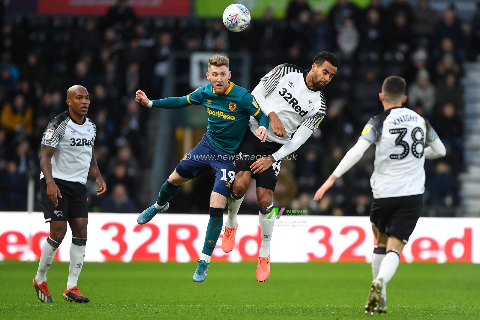 18th January 2020, Pride Park Stadium, Derby, England; Sky Bet Championship, Derby County v Hull City : Josh Bowler (19) of Hull City battles with Tom Huddlestone (44) of Derby County 

Credit: Jon Hobley/News Images