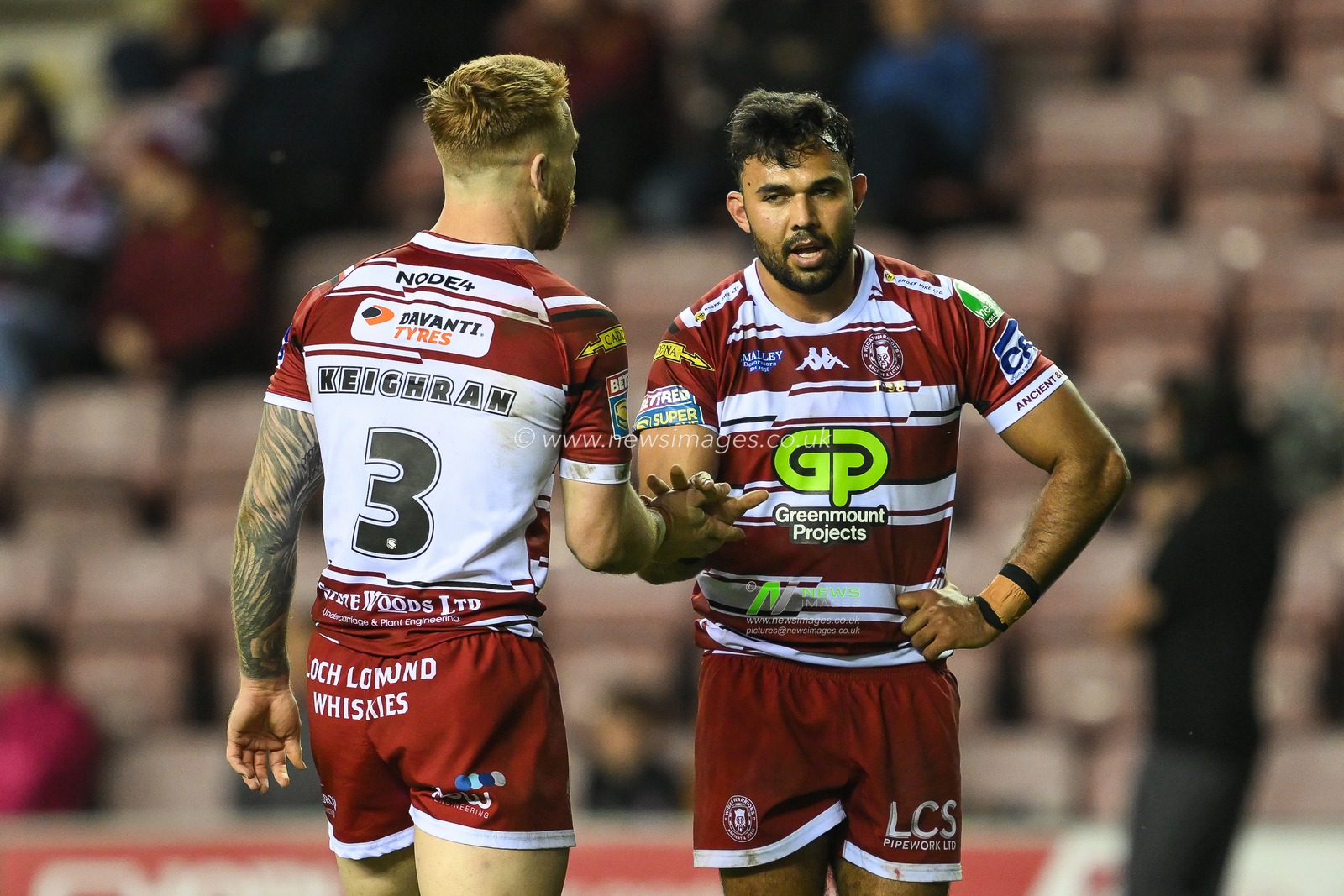 Adam Keighran of Wigan Warriors and Bevan French of Wigan Warriors hi 5 during the Betfred Super League Round 10 match Wigan Warriors vs Catalans Dragons at DW Stadium, Wigan, United Kingdom, 2nd May 2024

(Photo by Craig Thomas/News Images)