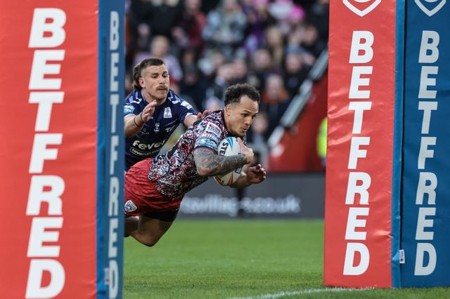 Liam Horne of Leigh Leopards runs in a solo try as he goes over during the Betfred Super League round 6 match Leigh Leopards vs Toulouse at Leigh Sports Village, Leigh, United Kingdom on 28 March 2026

(Photo by Mark Cosgrove/News Images)
