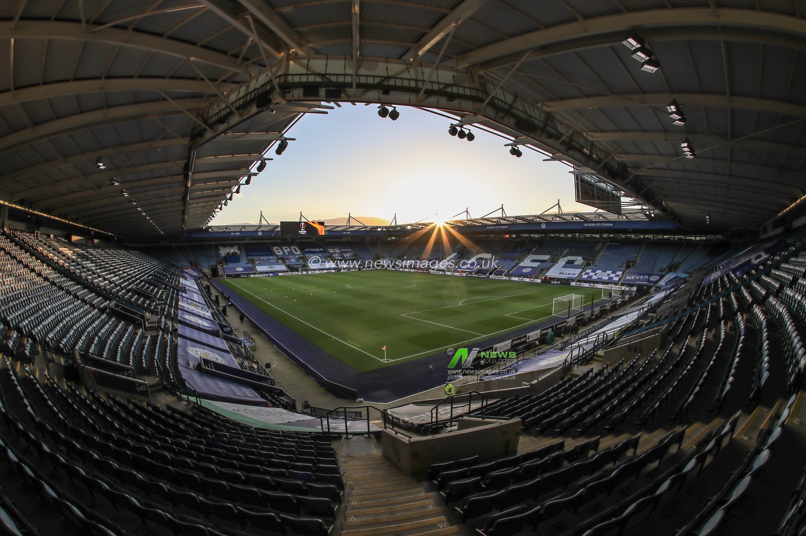 The sun sets over the King Power Stadium ahead of tonights UEFA Europa League game, Leicester City v Slavia Prague