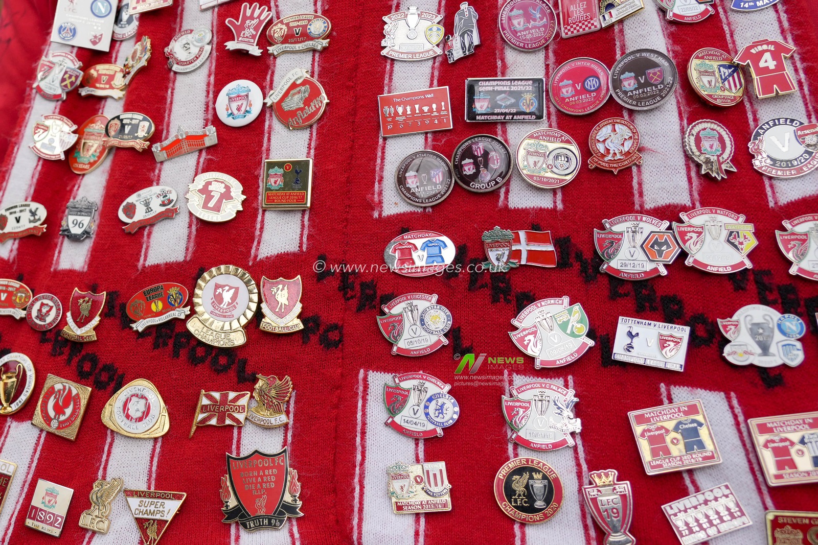 A Liverpool scarf covered in badges during the Premier League match Liverpool vs Nottingham Forest at Anfield, Liverpool, United Kingdom, 22nd April 2023

(Photo by Steve Flynn/News Images)