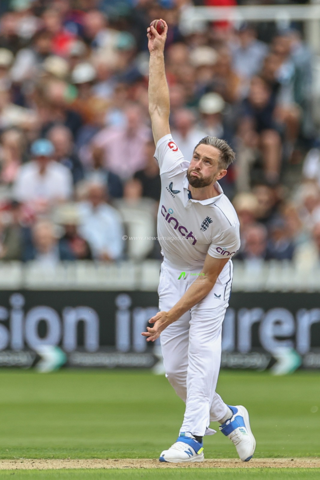 Chris Woakes of England delivers the ball during the 1st Rothesay Test Match day 1 England v West Indies at Lords, London, United Kingdom, 10th July 2024

(Photo by Mark Cosgrove/News Images)