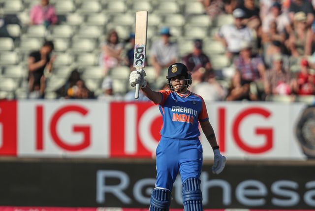 Shafali Verma of India celebrates a half century (50 runs) during the 5th Vitality IT20 England Women vs India Women at Edgbaston, Birmingham, United Kingdom, 12th July 2025

(Photo by Izzy Poles/News Images)
