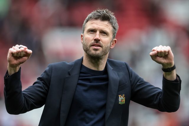 Michael Carrick manager of Manchester United celebrates the 3-2 win with the fans as they chant his name during the Premier League match Manchester United vs Liverpool at Old Trafford, Manchester, United Kingdom on 03 May 2026

(Photo by Mark Cosgrove/News Images)