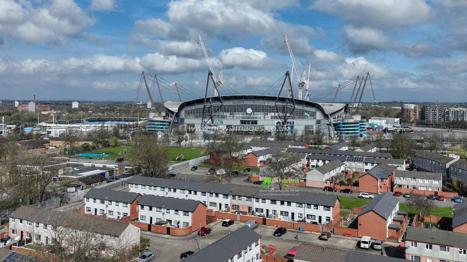 An aerial view of the Etihad Stadium ahead of the Premier League match Manchester City vs Arsenal at Etihad Stadium, Manchester, United Kingdom, 31st March 2024

(Photo by Mark Cosgrove/News Images)