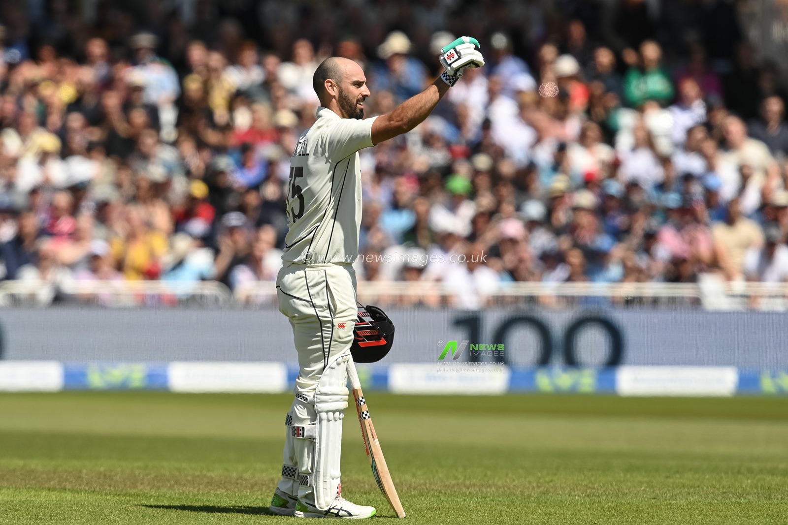 Daryl Mitchell of New Zealand celebrates a century (100 runs) during day 2 of the 2nd Test between the New Zealand Blackcaps and England at Trent Bridge Cricket Ground, Nottingham, England on Saturday 11 June 2022.