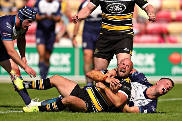 Paul McShane of York Knights RLFC celebrates scoring a try during the Betfred Championship match York City Knights vs Featherstone Rovers at LNER Community Stadium, York, United Kingdom, 29th June 2025

(Photo by Sam Eaden/News Images)