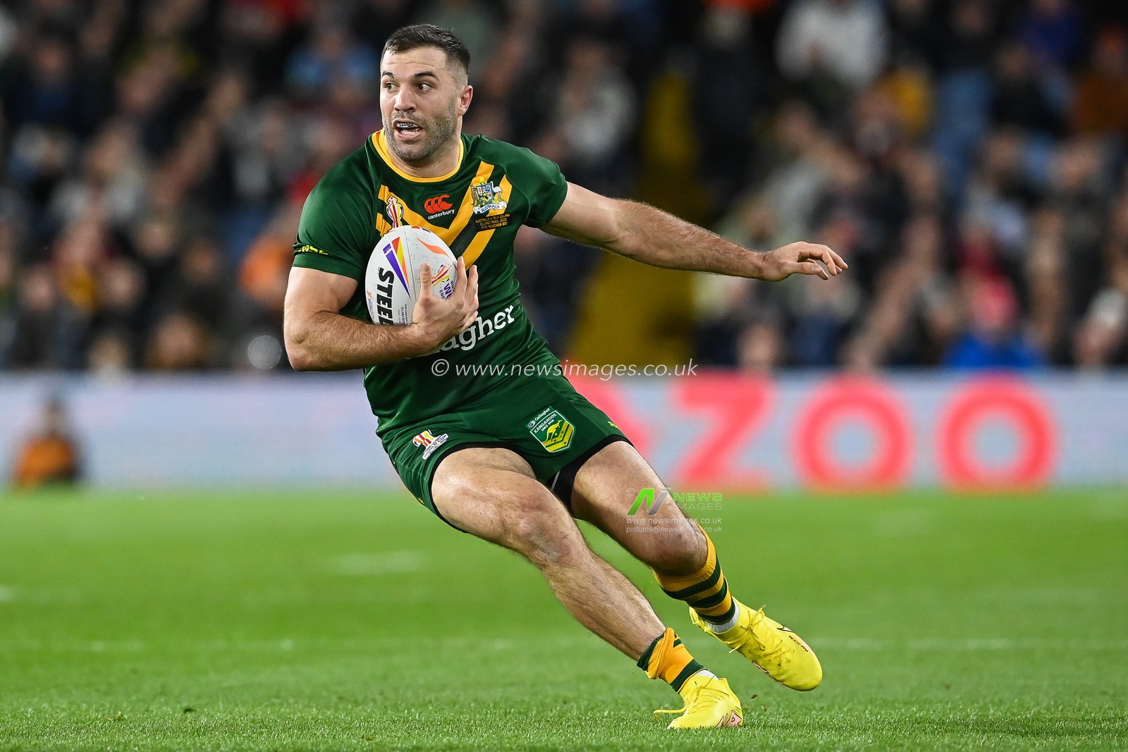 James Tedesco of Australia makes a break during the Rugby League World Cup 2021 Semi Final match Australia vs New Zealand at Elland Road, Leeds, United Kingdom, 11th November 2022

(Photo by Craig Thomas/News Images)