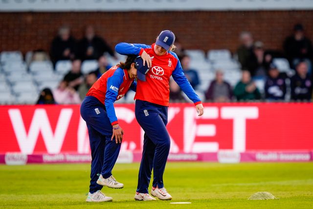 Maia Bouchier of England celebrates taking a catch off the bowling of Charlie Dean of England to dismiss Brooke Halliday of New Zealand during the England Women v New Zealand 1st Vitality IT20 match at The Central Co-Op County Ground, Derby, United Kingdom on 20 May 2026

(Photo by Maynard Manyowa/News Images)