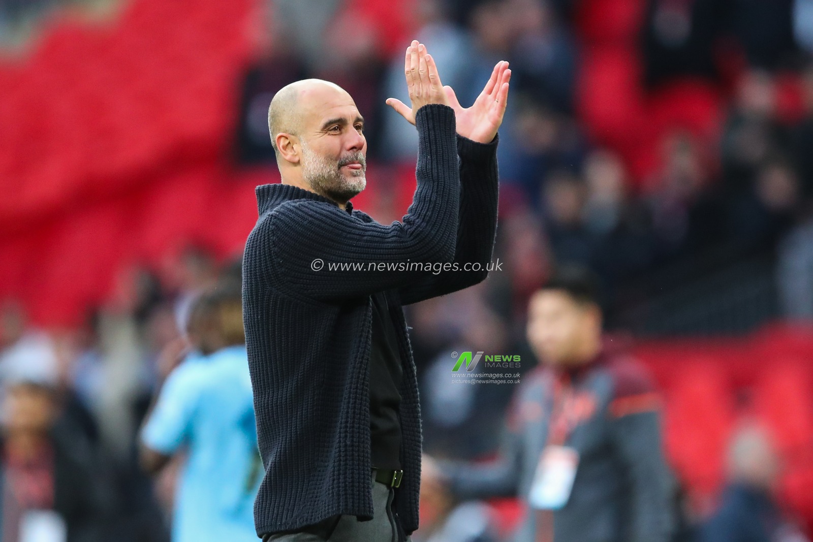 Pep Guardiola manager of Manchester City celebrates his teams win after the Emirates FA Cup Semi-Final match Manchester City vs Chelsea at Wembley Stadium, London, United Kingdom, 20th April 2024

(Photo by Gareth Evans/News Images)