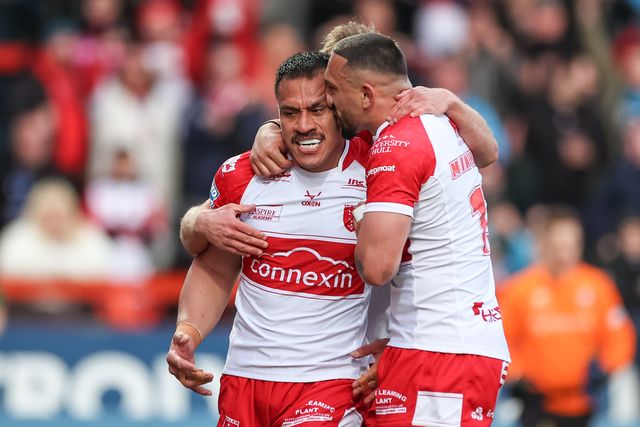 Sauaso Sue of Hull KR celebrates his try to make it 4-0 with team mates during the Betfred Super League Round 9 match Hull KR vs Wigan Warriors at Sewell Group Craven Park, Kingston upon Hull, United Kingdom, 26th April 2024

(Photo by Mark Cosgrove/News Images)