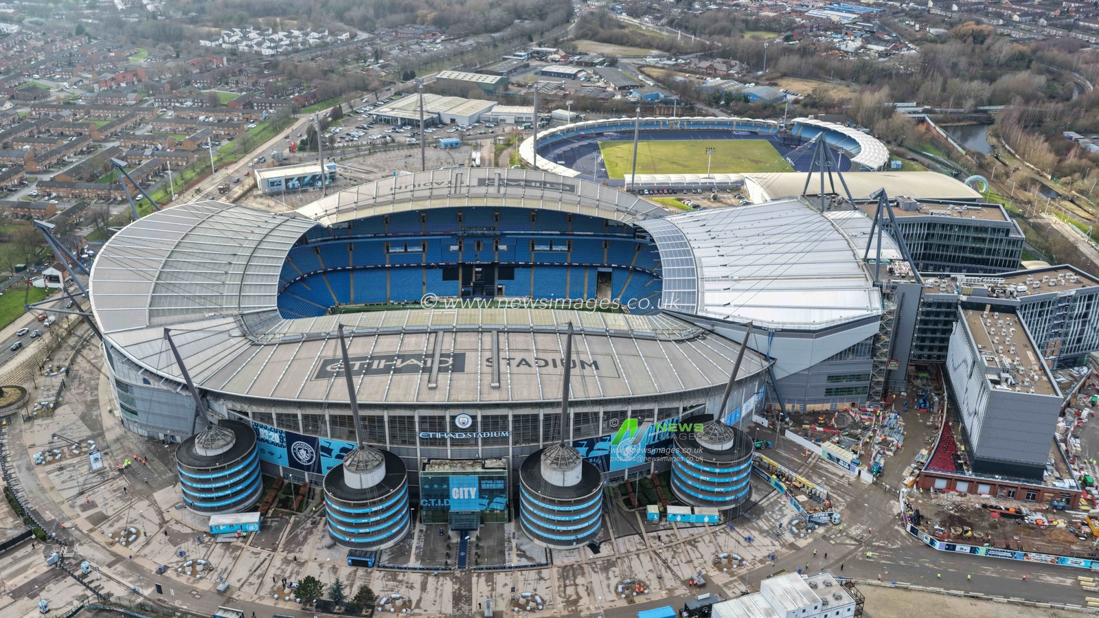 An aerial view of The Etihad Stadium and the new hotel and North Stand during the Carabao Cup Semi-Final second leg match Manchester City vs Newcastle United at Etihad Stadium, Manchester, United Kingdom, 4th February 2026

(Photo by Mark Cosgrove/News Images)