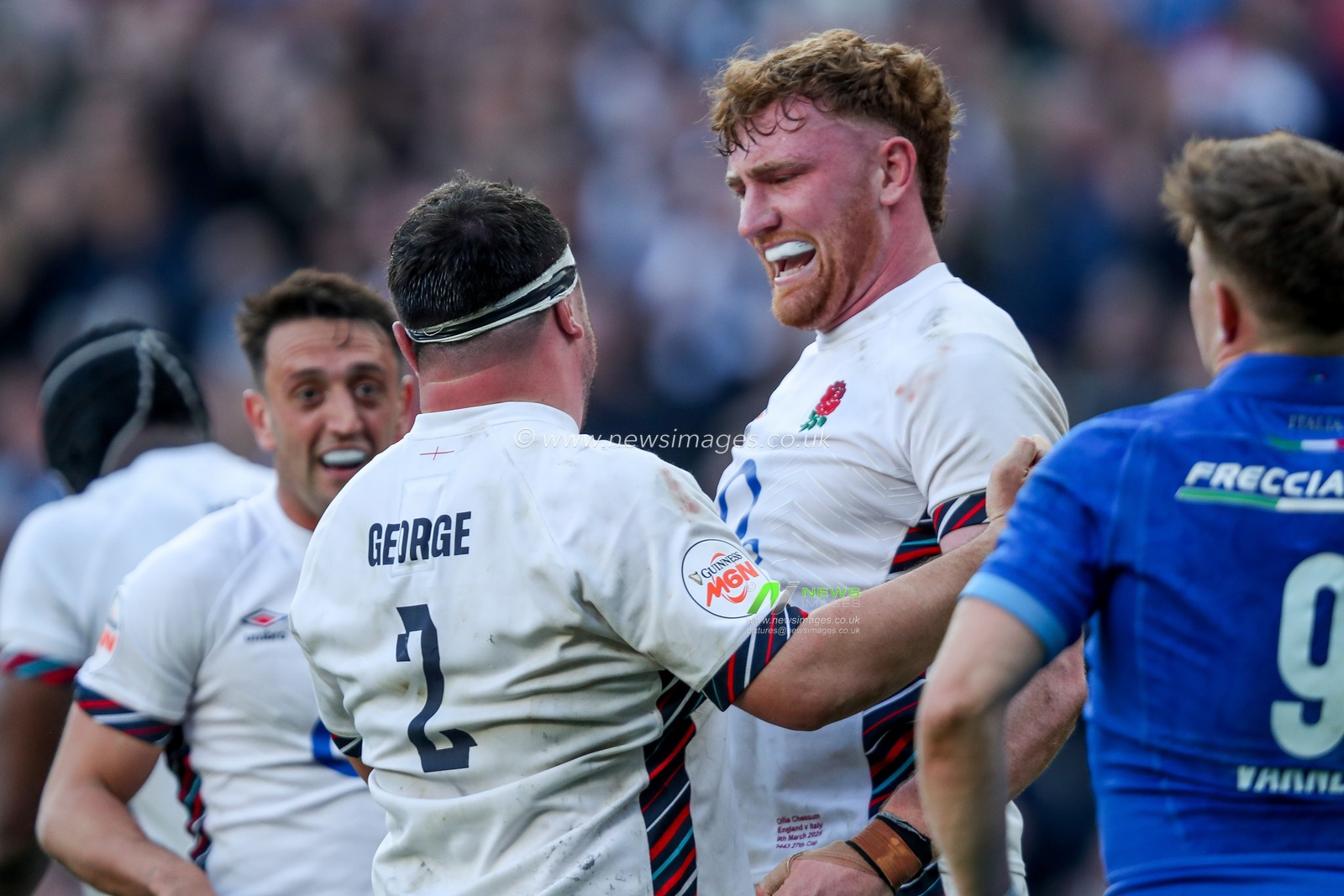Jamie George and Ollie Chessum of England celebrate the try during the 2025 Guinness 6 Nations match England vs Italy at Allianz Stadium, Twickenham, United Kingdom, 9th March 2025

(Photo by Izzy Poles/News Images)