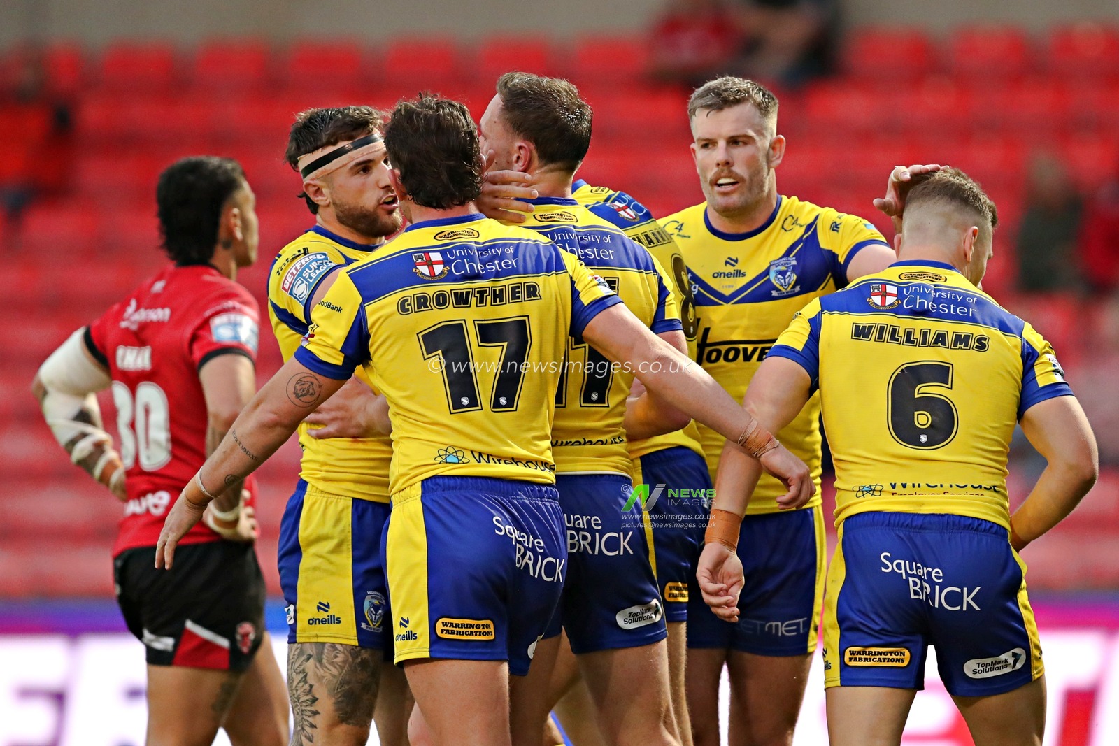 James Harrison of Warrington Wolves celebrates his try during the Betfred Super League round 17 match Salford Red Devils vs Warrington Wolves at Salford Community Stadium, Eccles, United Kingdom, 4th July 2025(Photo by Sam Eaden/News Images)