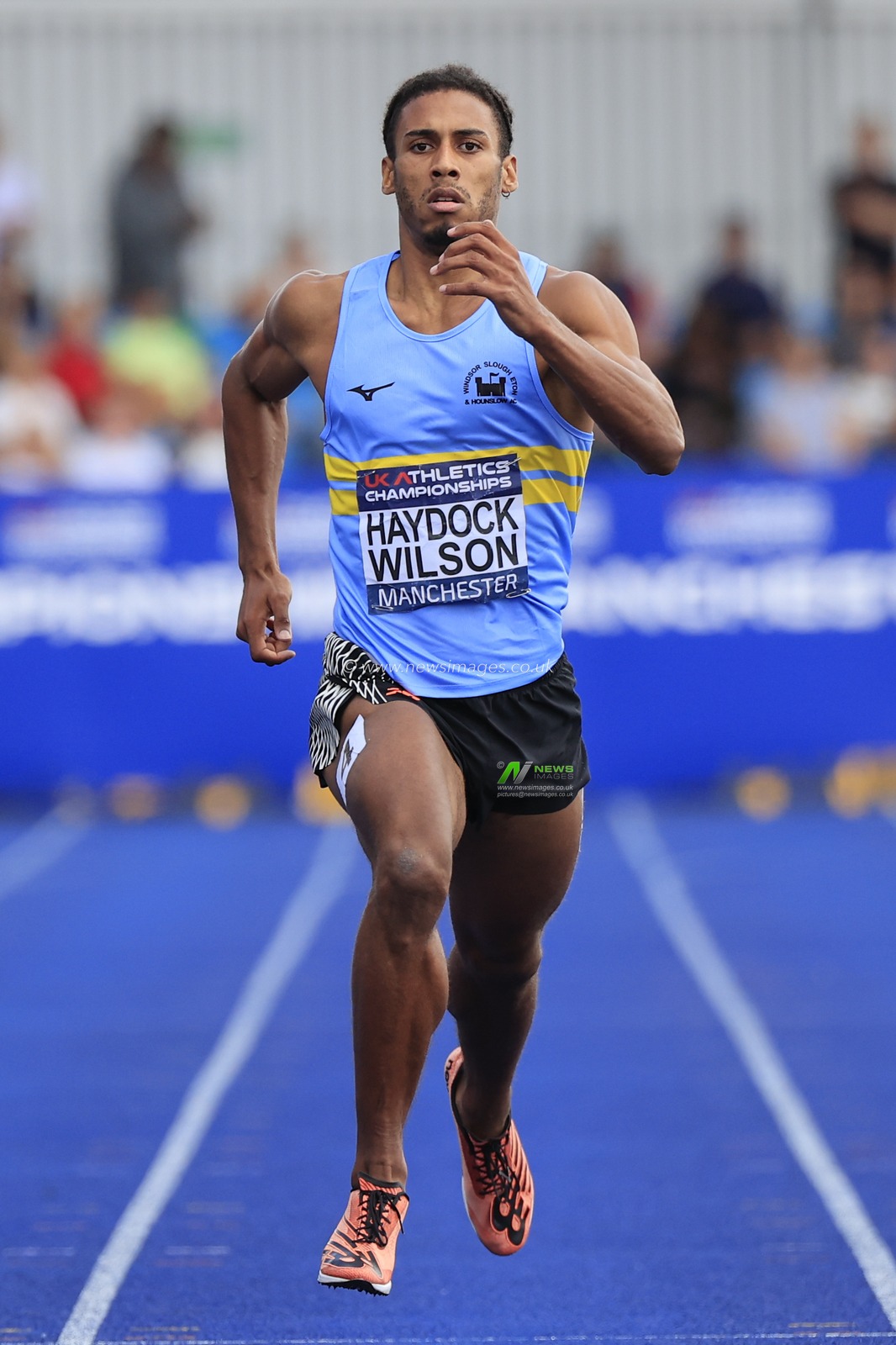 Alex Haydock-Wilson on his way to winning the menâ€™s 400m final event during the UK Athletics Championships at Manchester Regional Arena, Manchester, United Kingdom, 9th July 2023

(Photo by Conor Molloy/News Images)