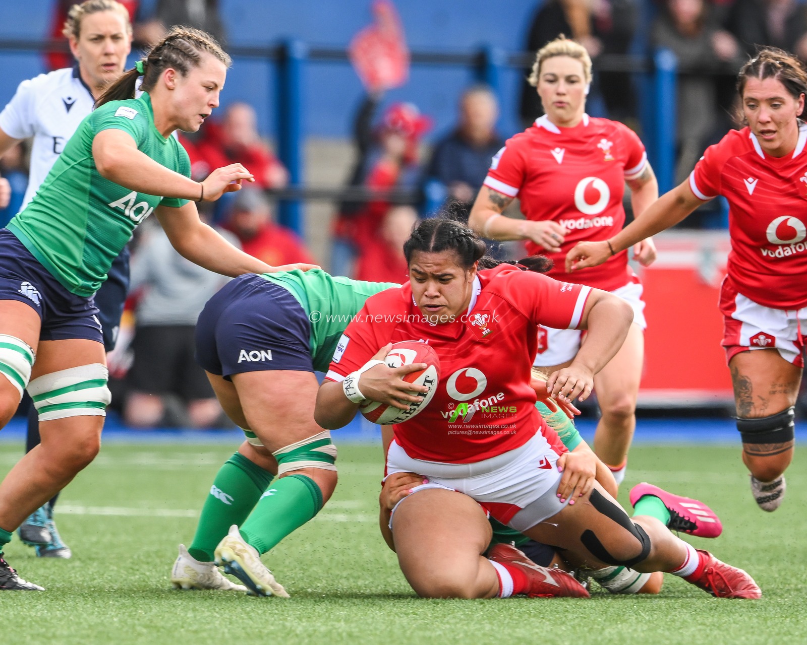 Sisilia Tuipulotu of Wales is tackled by Brittany Hogan of Ireland during the TikTok Womenâ€™s Six Nations match Wales vs Ireland at BT Cardiff Arms Park, Cardiff, United Kingdom, 25th March 2023

(Photo by Craig Thomas/News Images)