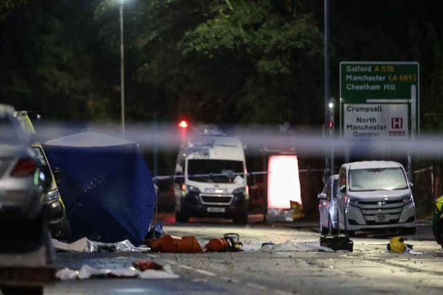 Forensic tents are still in place and emergency kit strewn across the road during the Manchester synagogue terror attack day 2 at Heaton Park Shul, Manchester, United Kingdom, 3rd October 2025

(Photo by Mark Cosgrove/News Images)