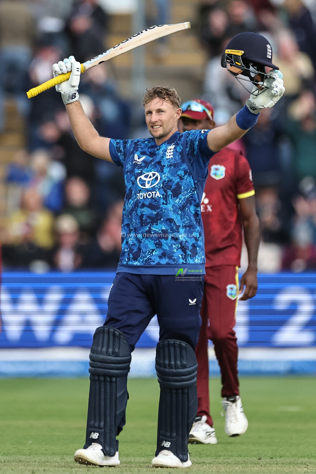 Joe Root of England celebrates the win after hitting a four during the 2nd Metro Bank ODI England v West Indies at Sophia Gardens Cricket Ground, Cardiff, United Kingdom, 1st June 2025

(Photo by Mark Cosgrove/News Images)