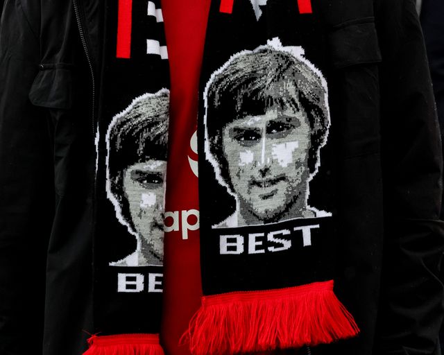 A Manchester United fan wearing a George Best during the Premier League match Manchester United vs Leeds United at Old Trafford, Manchester, United Kingdom on 13 April 2026

(Photo by Mark Cosgrove/News Images)