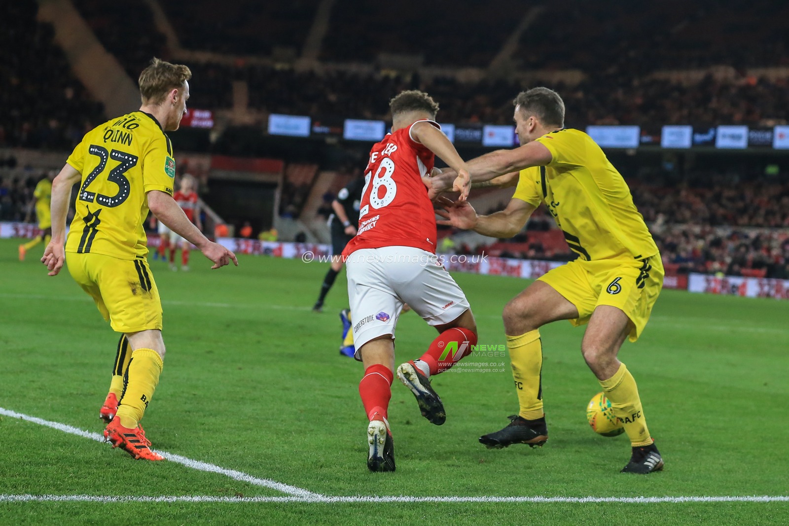 18th December 2018, Riverside Stadium, Middlesbrough, England; Carabao EFL Cup, Quarter Final, Middlesbrough vs  Burton Albion : Ben Turner (06) of Burton Albion pushes Marcus Tavernier (28) of Middlesbrough down in the box but no penalty given by referee Michael Oliver 

Credit: Mark Cosgrove/News Images

English Football League images are subject to DataCo Licence