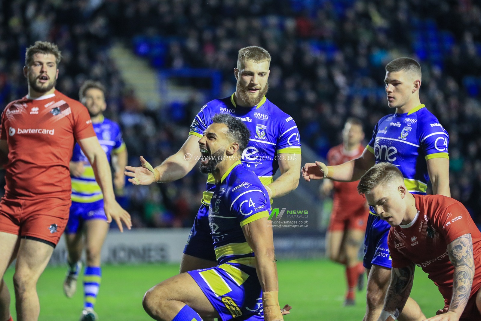 5th April 2019 , Halliwell Jones Stadium, Warrington, England;  Betfred Super League, Round 9, Warrington Wolves vs London Broncos ; Ryan Atkins (4) of Warrington Wolves celebrates his try 

Credit: Mark Cosgrove/News Images