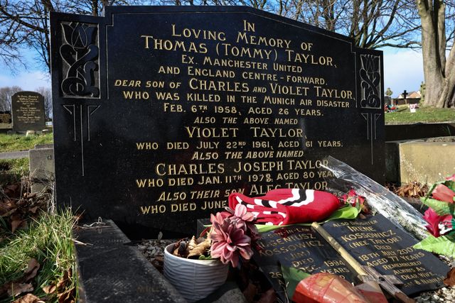 A general view of former Barnsley FC and Manchester United and England international forward Tommy Taylor grave and headstone 67 years after 23 passengers 8 of whom were Manchester United players sadly lost their lives in the Munich Air disaster on the 6th of February 1958;  Monk Bretton Cemetery, Monk Bretton, Barnsley, United Kingdom, 6th February 2025

(Photo by Mark Cosgrove/News Images)