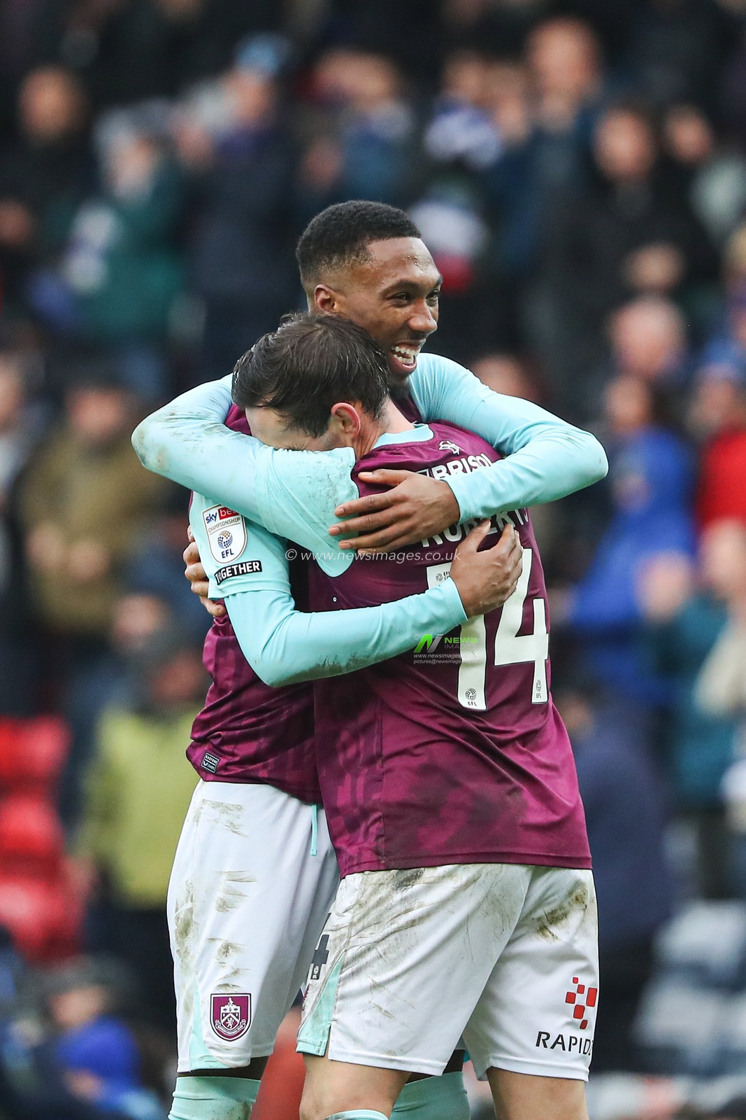 Jaidon Anthony of Burnley and Connor Roberts of Burnley celebrating 1-0 win after the full time whistle in the Sky Bet Championship match Blackburn Rovers vs Burnley at Ewood Park, Blackburn, United Kingdom, 4th January 2025

(Photo by Jorge Horsted/News Images)