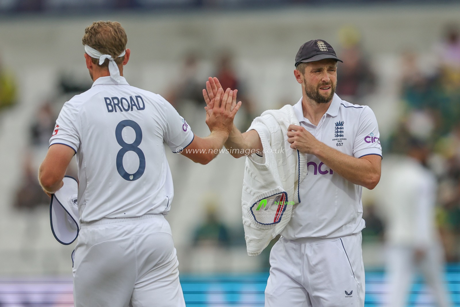 Stuart Broad of England gives Chris Woakes of England after he finishes his over and takes a wicket of Mitchell Marsh of Australia during the LV= Insurance Ashes Third Test Series Day 3 England v Australia at Headingley Stadium, Leeds, United Kingdom, 8th July 2023

(Photo by Mark Cosgrove/News Images)