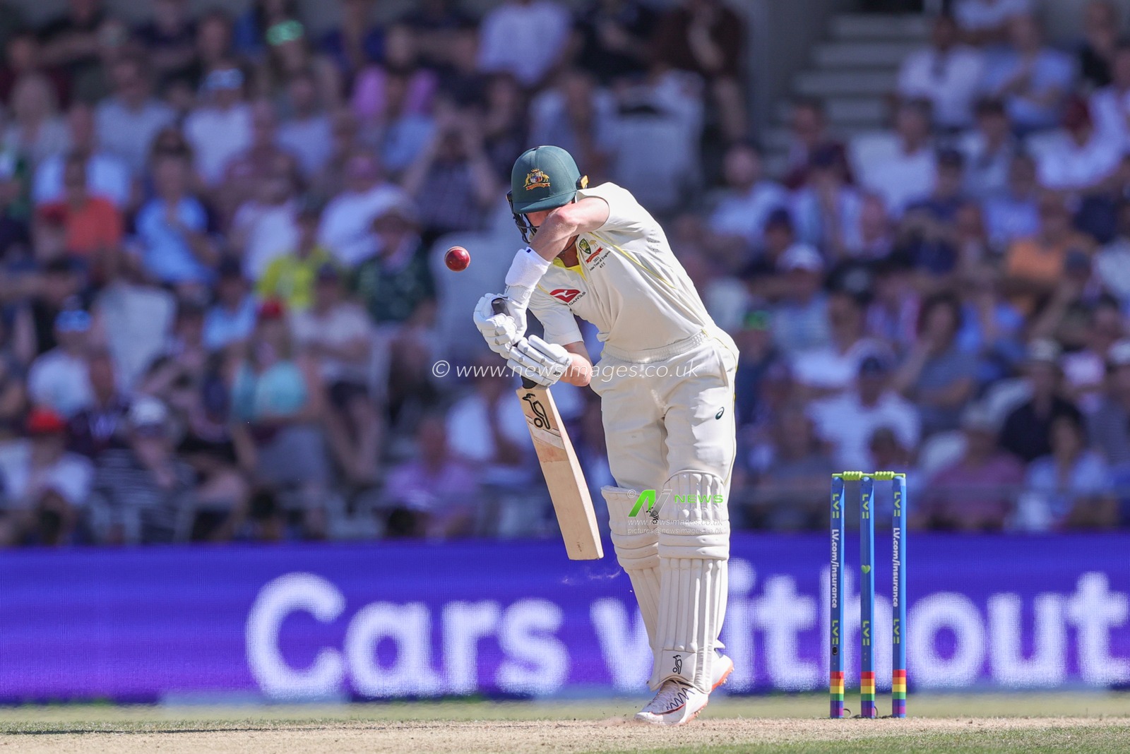 Marnus Labuschagne of Australia hits the ball right on the shoulder of the bat on a funny bouncing ball off Stuart Broad of England during the LV= Insurance Ashes Third Test Series Day 2 England v Australia at Headingley Stadium, Leeds, United Kingdom, 7th July 2023

(Photo by Mark Cosgrove/News Images)