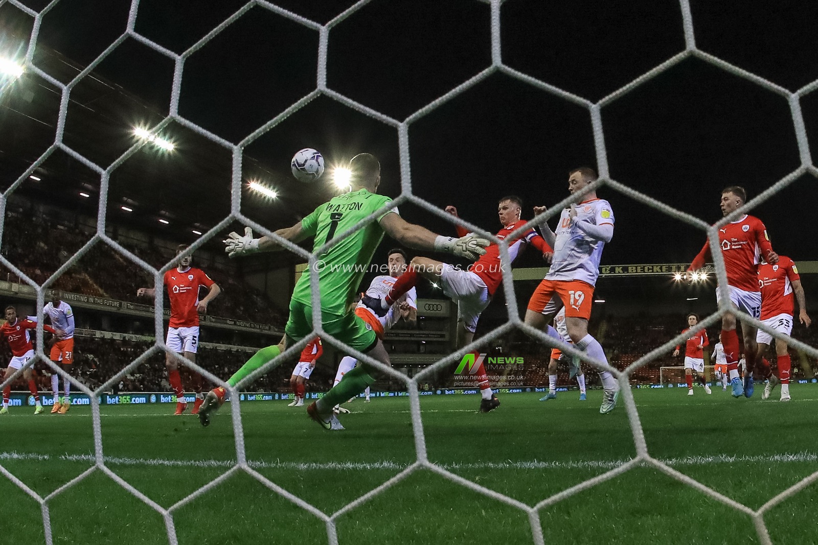 Oliver Casey #20 of Blackpool scores to make it 0-2