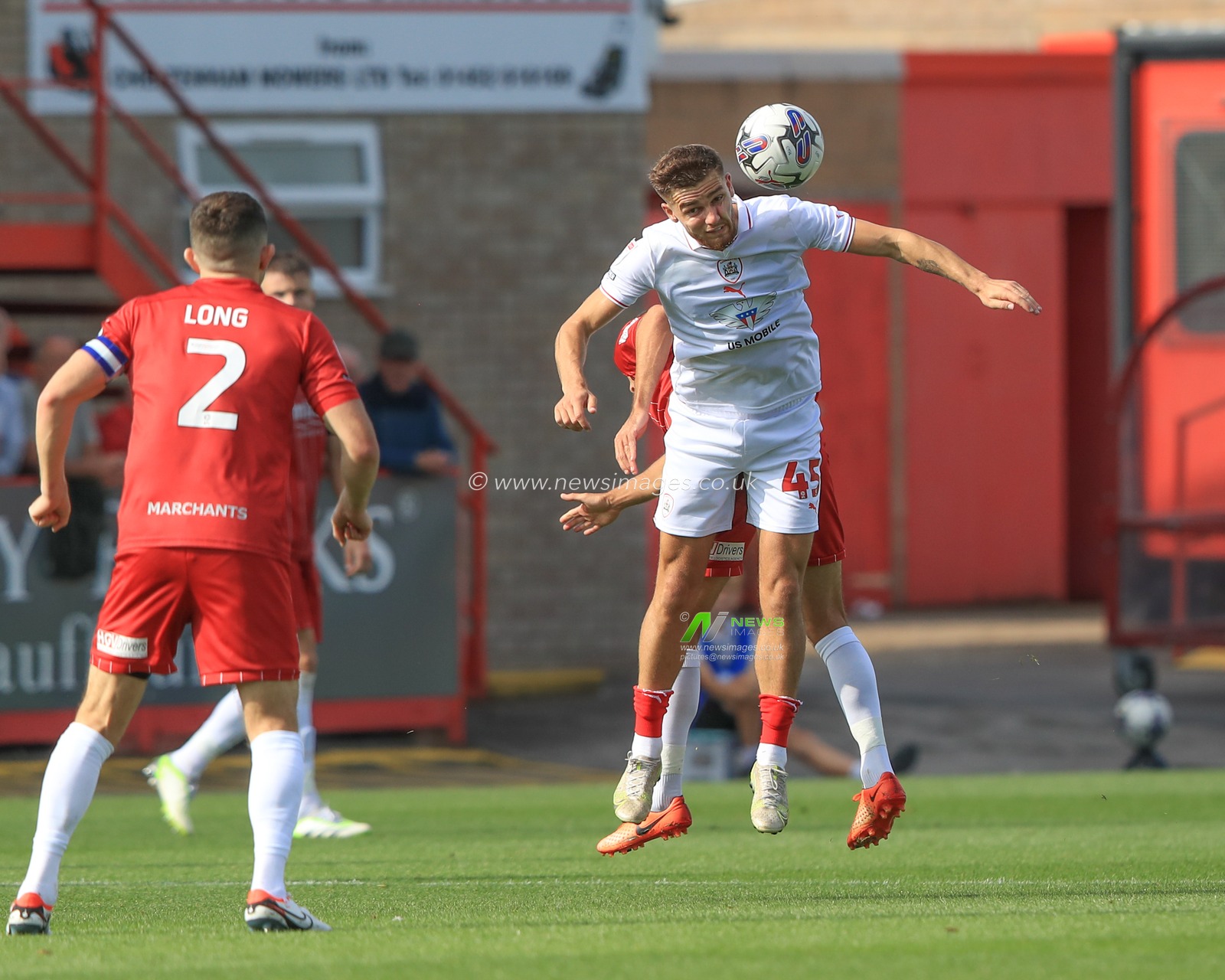 John Mcatee #45 of Barnsley jumps up to win the high ball during the Sky Bet League 1 match Cheltenham Town vs Barnsley at The Jonny-Rocks Stadium, Cheltenham, United Kingdom, 2nd September 2023

(Photo by Alfie Cosgrove/News Images)