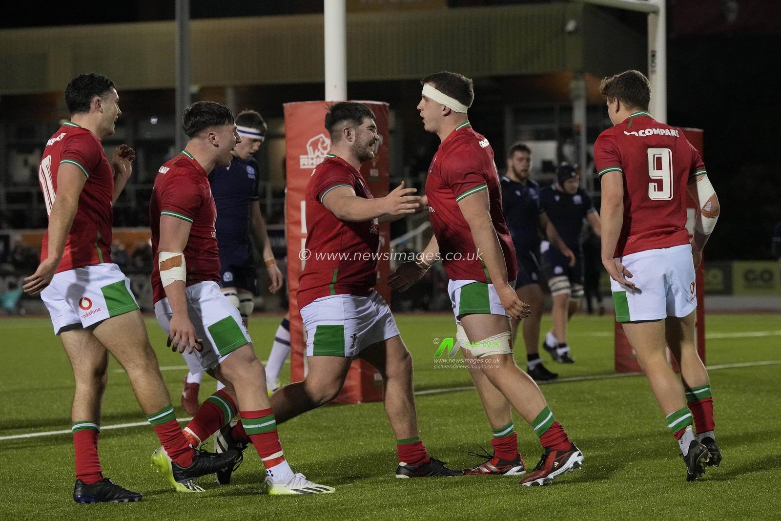 Wales U20's players celebrate with try scorer Morgan Morse of Wales U20's during the 2024 Guinness U20 Six Nations match Wales U20s vs Scotland U20s at Stadiwm CSM, Colwyn Bay, United Kingdom, 2nd February 2024

(Photo by Steve Flynn/News Images)