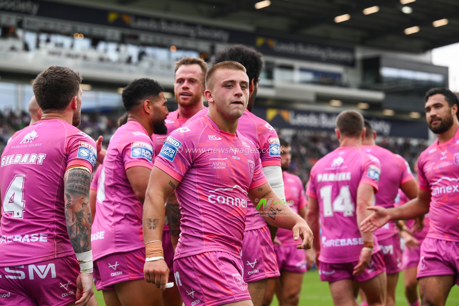 Mikey Lewis of Hull KR celebrates his try during the Betfred Super League Round 18 match Leeds Rhinos vs Hull KR at Headingley Stadium, Leeds, United Kingdom, 20th July 2024

(Photo by Craig Thomas/News Images)