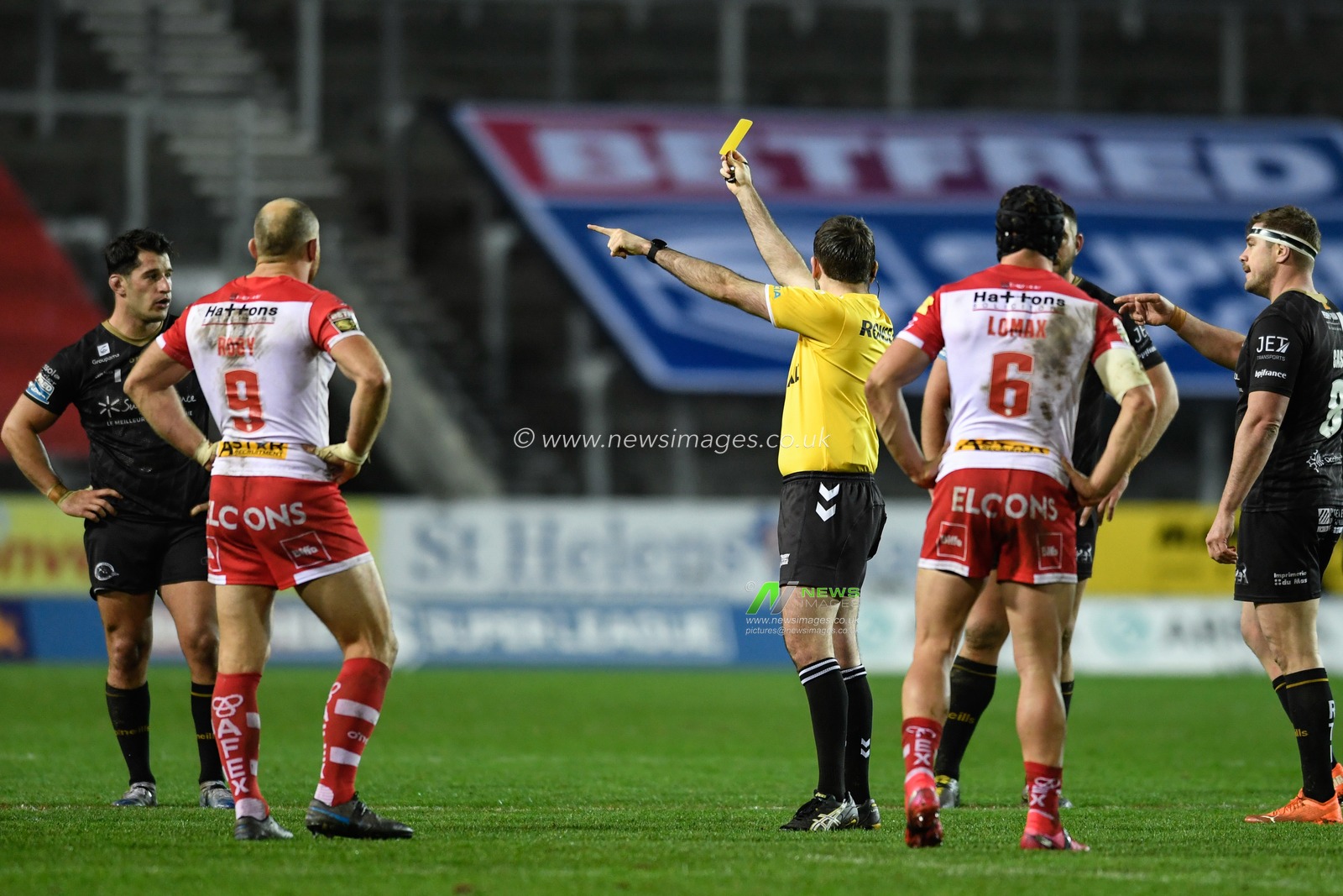 SIN BIN Benjamin Garcia #13 of Catalans Dragons is sent to the sin bin after receiving a yellow card