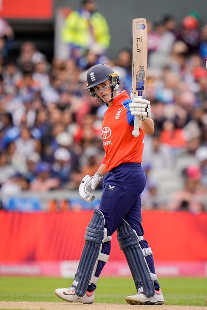 Jacob Bethell of England celebrates a half century during the Second Vitality T20 International match England vs India at Old Trafford, Manchester, United Kingdom on 04 July 2026

(Photo by Maynard Manyowa/News Images)