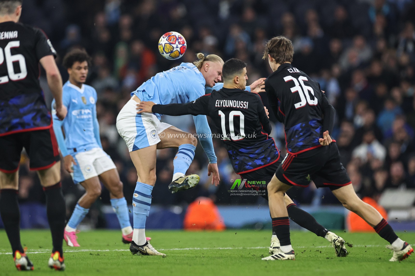 Mohamed Elyounoussi of FC Copenhagen blocks a shot from Erling Haaland  of Manchester City during the UEFA Champions League match Manchester City vs F.C. Copenhagen at Etihad Stadium, Manchester, United Kingdom, 6th March 2024

(Photo by Mark Cosgrove/News Images)