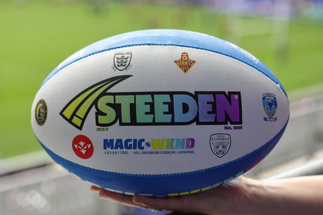 Magic Weekend Steeden match ball misprint with Leeds Rhinos logo missing during the Betfred Super League Magic Weekend match Leeds Rhinos vs Bradford Bulls at Hill Dickinson Stadium, Liverpool, United Kingdom on 05 July 2026

(Photo by Mark Cosgrove/News Images)