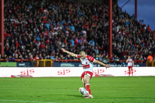 Mikey Lewis of Hull KR converts for a goal to make it 18-0 during the Betfred Super League Round 9 match Hull KR vs Wigan Warriors at Sewell Group Craven Park, Kingston upon Hull, United Kingdom, 26th April 2024

(Photo by Mark Cosgrove/News Images)