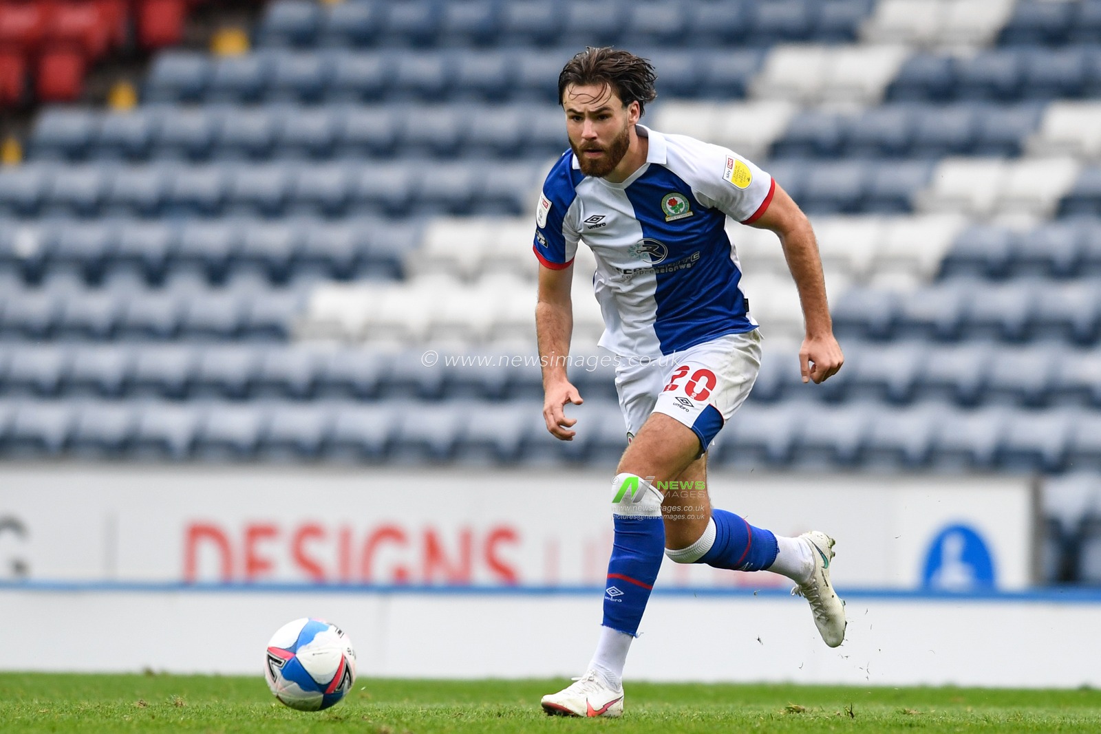 Ben Brereton (20) of Blackburn Rovers runs forward with the ball