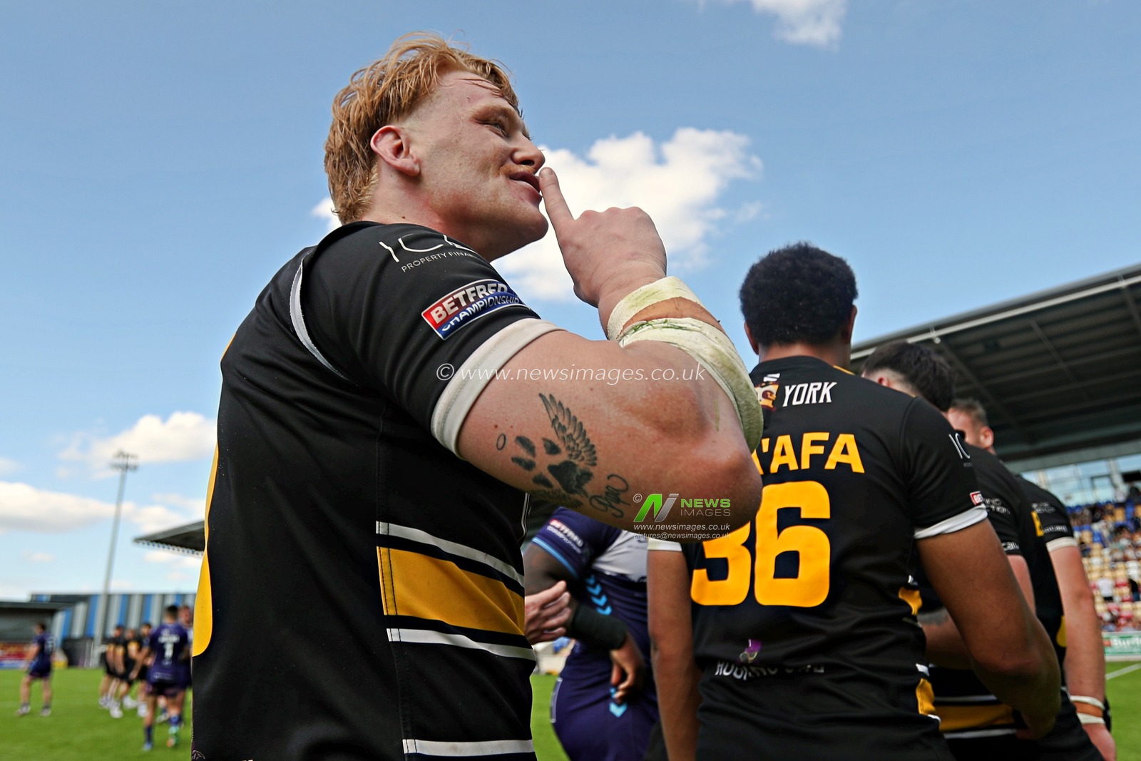 Jack Martin of York Knights RLFC taunts the Featherstone fans after the Betfred Championship match York City Knights vs Featherstone Rovers at LNER Community Stadium, York, United Kingdom, 29th June 2025(Photo by Sam Eaden/News Images)