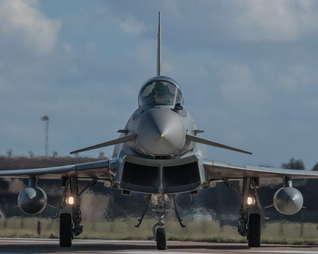 An Italian Air Force Eurofighter Typhoon FGR Mk4 taxies back to the pan during a flight training day at RAF Coningsby, Coningsby, United Kingdom, 22nd September 2025

(Photo by Mark Cosgrove/News Images)