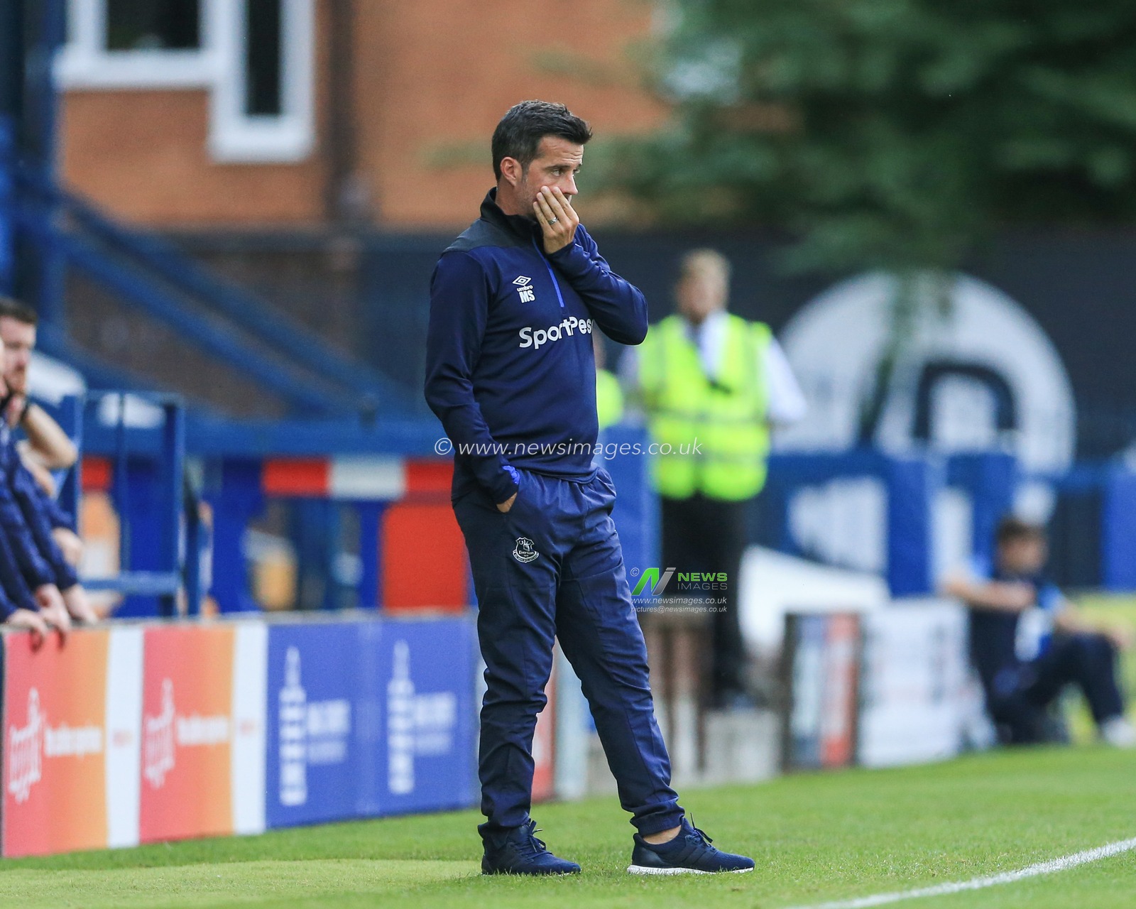 14th July 2018 , Gigg Lane, Bury, England; Pre-season friendly , Bury v Everton; Marco Silva manager of Everton deep in thought as he watches his side play
