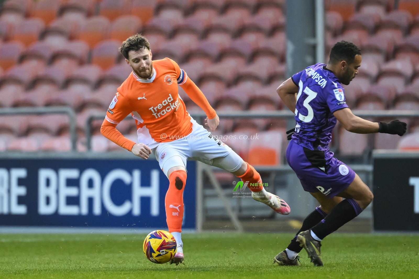 James Husband of Blackpool is fouled by Louis Thompson of Stevenage during the Sky Bet League 1 match Blackpool vs Stevenage at Bloomfield Road, Blackpool, United Kingdom, 21st December 2024

(Photo by Craig Thomas/News Images)