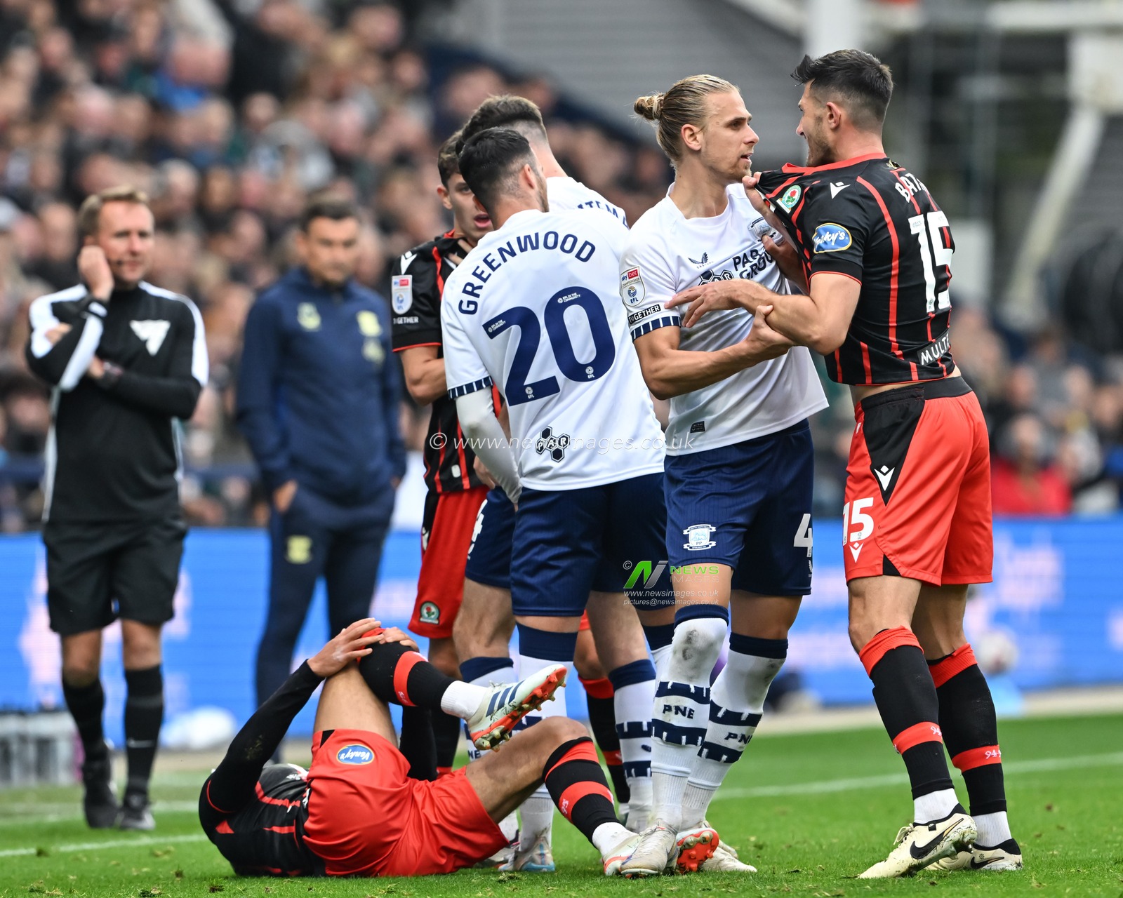 Tempers spill over as the two teams clash during the Sky Bet Championship match Preston North End vs Blackburn Rovers at Deepdale, Preston, United Kingdom, 22nd September 2024

(Photo by Cody Froggatt/News Images)