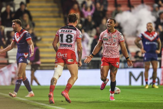 Keanan Brand of Leigh Leopards celebrates his try making it 4-0 during the Betfred Super League play-off Eliminator 1 match Leigh Leopards vs Wakefield Trinity at Progress With Unity Stadium, Leigh, United Kingdom, 26th September 2025

(Photo by Alfie Cosgrove/News Images)