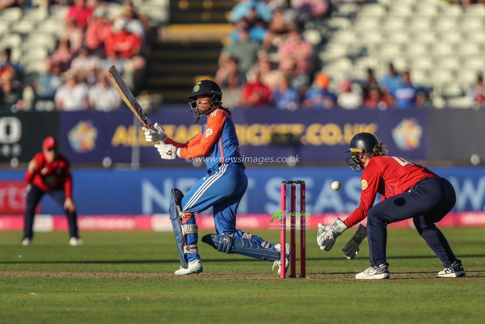 Radha Yadav of India plays a shot during the 5th Vitality IT20 England Women vs India Women at Edgbaston, Birmingham, United Kingdom, 12th July 2025

(Photo by Izzy Poles/News Images)
