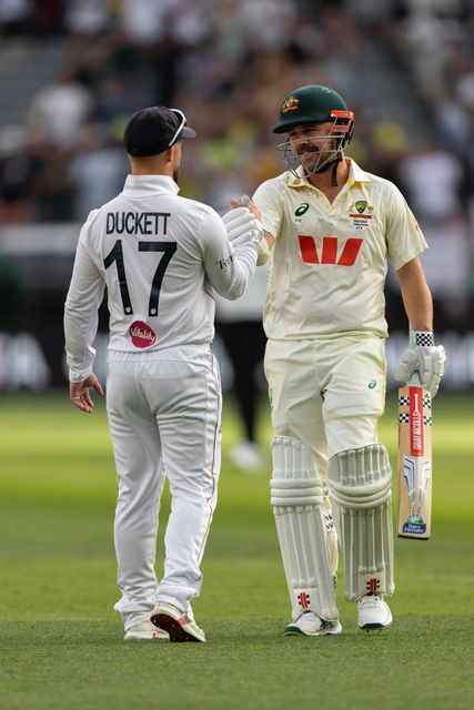 Travis Head of Australia is congratulated by Ben Duckett of England for a brilliant innings after he got out during the NRMA Insurance Ashes First Test Day 2 Australia vs England at Optus Stadium, Perth, Australia, 22nd November 2025

(Photo by Santanu Banik/News Images)

*** GER AUT SUI OUT ***